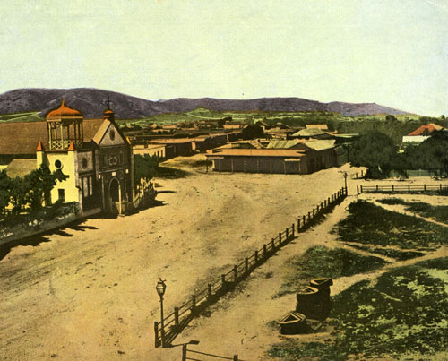 Calle Principal and an edge of the plaza in 1869. Courtesy of Los Angeles Public Library