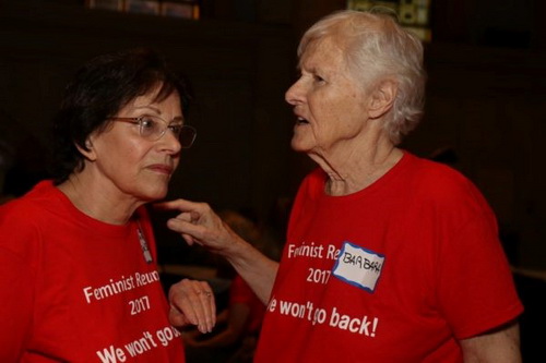 Carole DeSaram, left, and Barbara Love, organizers, during the reunion of second-wave feminists at Judson Memorial Church in Greenwich Village. Photos by Tequila Minsky