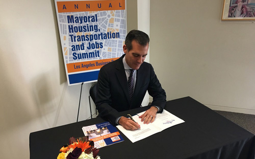 Mayor Garcetti at October 2015 Mayoral Summit where he announced his goal of getting linkage fees from developers to finance affordable housing.