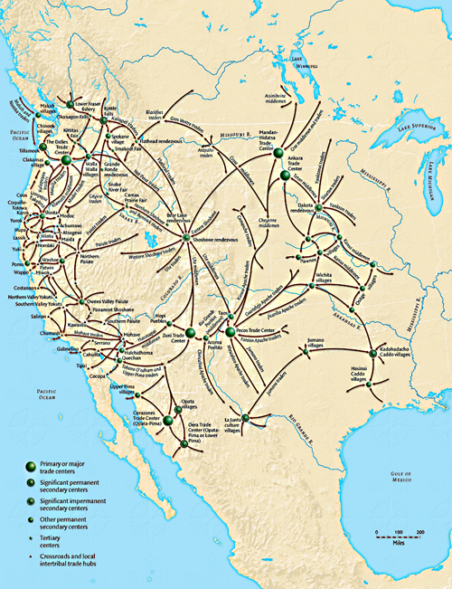 Smithsonian Institution map of native American trade routes through a little of Mexico, some of Canada and the United States.